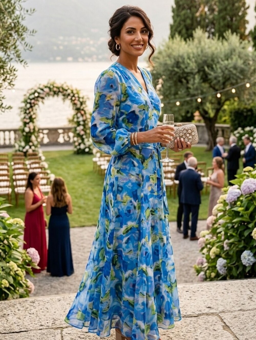 Elegant Blue Floral V-Neck Maxi Dress